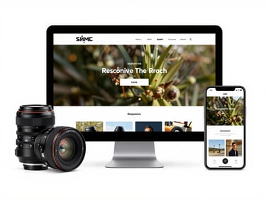 Close product mockup of a responsive website displayed on desktop, tablet and phone devices, white studio background, bright diffused light