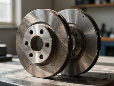 Close-up of worn brake rotor beside a new replacement rotor on a workbench, natural window light casting sharp shadows across both parts, clear contrast between old and new metal surfaces