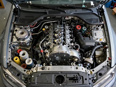 Overhead shot of a disassembled engine bay with labeled components laid out on a clean shop floor under daylight, oil-stained but organized, no people