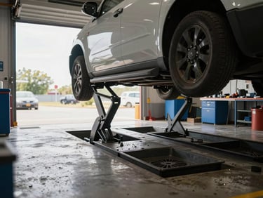 Wide environmental shot of a shop floor during daytime, a vehicle on a lift mid-oil change, clean drain pans below, natural light from open bay doors, no posed staff