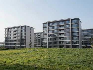 Modern low-rise residential buildings integrated with green hillside landscape, clean architectural geometry, soft daylight, editorial corporate style
