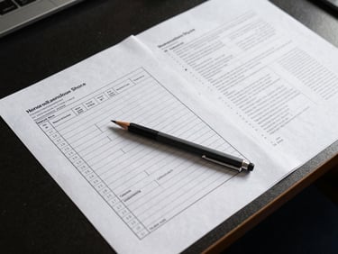 Overhead documentary shot of a technical workspace, printed project scope documents and annotated timelines laid flat on a dark desk surface, a mechanical pencil resting across the pages, sharp overhead task lighting, high-contrast shadows, no people