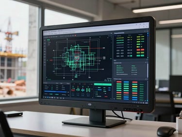 Wide environmental shot of a construction site project management dashboard displayed on a ruggedised monitor mounted in a site office, high-key flat lighting, structural plans and sensor data feeds visible on screen, concrete and steel environment visible through a window in background, no people