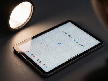 Overhead documentary framing of an adaptive learning interface on a tablet screen, studio strobe lighting from upper-left, individual assessment modules visible as grid tiles on the display, dark surface underneath the device, no people