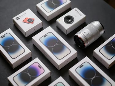 Overhead documentary shot of packaged consumer tech products arranged on a dark surface, studio strobe lighting, sharp product detail, no people, high-contrast shadows
