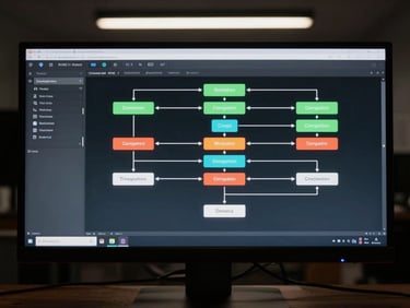 Extreme close-up of a workflow automation interface on a widescreen monitor, task lighting from directly above, process nodes and status indicators visible across the screen, dark desk surface below, no people or faces