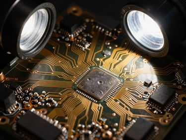 Extreme close-up of a circuit board under sharp studio strobe light, gold trace lines visible against dark substrate, overhead documentary framing, high-contrast technical clarity