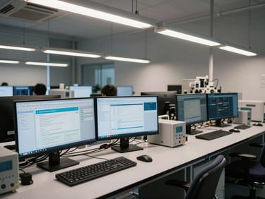 Wide environmental shot of a research workspace, multiple monitors displaying data dashboards, task lighting overhead, no people, sharp high-contrast illumination on equipment surfaces