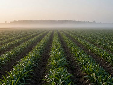 Misty early morning farm field, rows of green crops stretching to a low horizon under soft light.