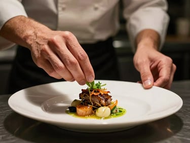 Close-up of a chef delicately plating a dish under warm kitchen lights, dark moody background.