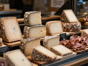 A beautifully arranged display of artisanal cheeses and cured meats inside a boutique food market, soft natural shadows.