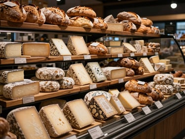 Boutique grocer display of artisanal cheeses and fresh bread on wooden shelves, warm low-key lighting.