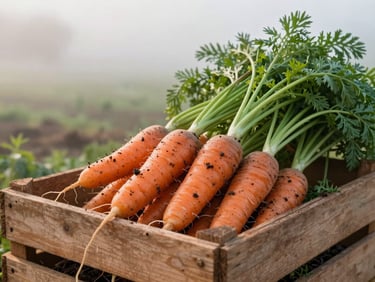 Freshly harvested organic carrots with soil still on them, resting on a wooden crate in early morning misty field light.