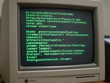 Close-up of a vintage computer monitor displaying sharp monospace green text in a dark room
