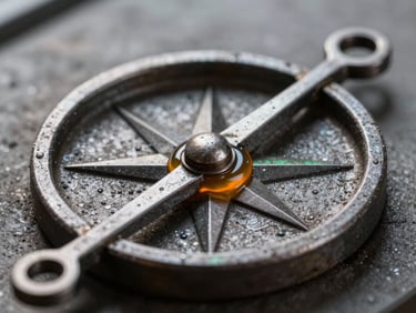 Macro shot of molten metal cooling into a dark, textured compass-like shape with subtle green oxidation