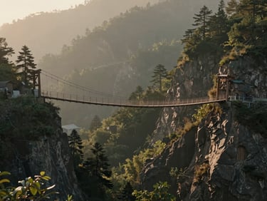 Wide cinematic view of a wooden suspension bridge spanning a misty mountain gorge at golden hour, deep green pines below, soft warm light.