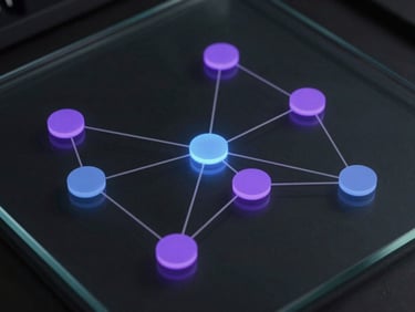 Minimalist technical orthographic diagram showing clean node connections glowing with purple and blue ambient light on a dark glass surface.