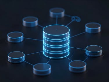 Orthographic technical diagram of a complex database schema rendered in glowing blue lines on a dark background, minimal styling.