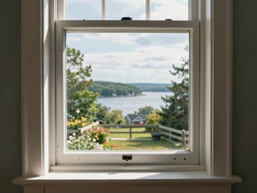 A newly installed, energy-efficient double-hung window framing a bright outdoor New England landscape.