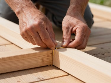 A close-up of a carpenter's hands precisely aligning a clean cedar deck joint under bright New England daylight, focus on the tight seam