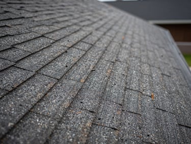 Close-up of freshly laid architectural shingles on a sturdy roof ridge, showing precise alignment.