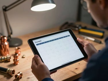 A plumber's hands holding a tablet showing an open calendar with client appointments, workbench with copper fittings blurred in the background, on-location candid light from a single overhead work lamp