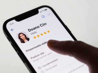 Close-up of a smartphone screen showing a professional's verified profile card — name, star rating, and a small headshot under studio light against a clean white background, finger hovering just above the screen