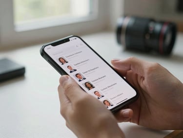 Close-up of hands scrolling a search interface on a smartphone, professional profile cards visible on screen, natural north-facing window light, utility work table in background