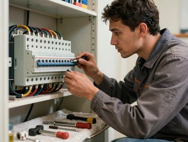 Electrician in worn work clothes examining a fuse panel on-location, focused expression, tools laid out on a cloth below, candid warm indoor light