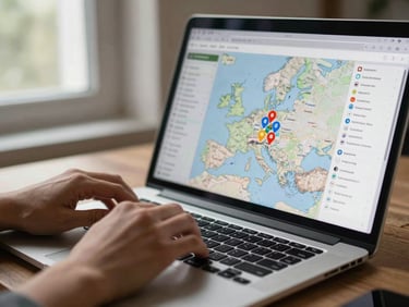 Hands typing on a laptop keyboard showing a map interface with service-category pins clustered over a European city district, natural daylight from a window to the left, shallow depth of field