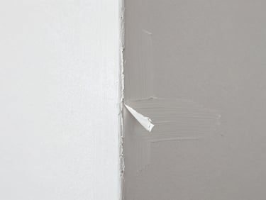 Freshly painted white wall corner showing clean brush lines, painter's tape being peeled back to reveal crisp edge, natural daylight, no people