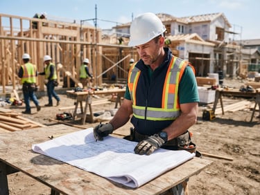 A professional builder in a high-vis vest reviewing architectural blueprints on an active residential construction site, bright natural daylight, sharp focus