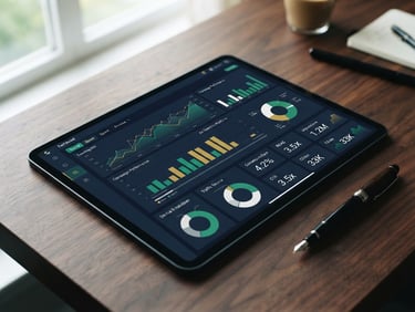 A sharp close-up of a professional tablet displaying active advertising analytics dashboards on a dark wooden desk, natural morning light, sharp focus, 35mm