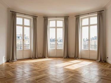 Same three-room Paris apartment after complete renovation, bright open layout, new herringbone parquet, curtains removed exposing full windows, curated neutral furniture, natural south light, wide environmental shot, no people