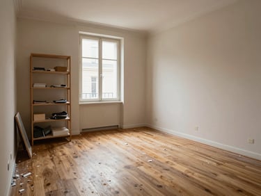Small Parisian studio apartment before renovation, worn laminate flooring, faded beige walls, single window with insufficient light, cluttered shelving unit, documentary style, natural daylight, wide environmental shot