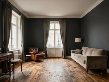 Three-room Paris apartment living area before renovation, dark walls, heavy curtains blocking light, dated flooring, furniture mismatched, documentary natural daylight, wide environmental shot, no people
