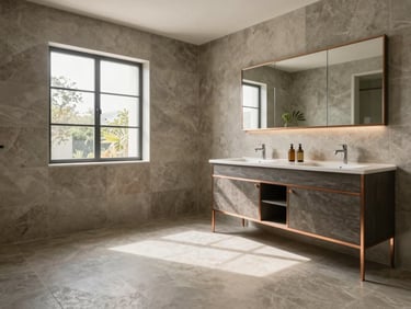 Same villa bathroom fully renovated, large format stone-effect tiles in warm greige, new double vanity with copper hardware detail, natural light through clear window, wide environmental shot, no people