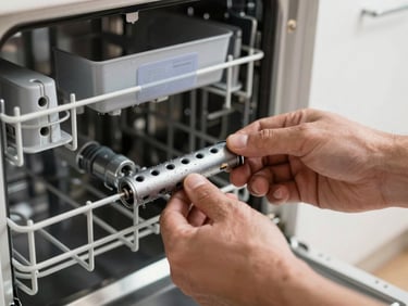 Technician's hands inspecting the spray arm of an open dishwasher under kitchen lighting, water mineral deposits visible on the arm's holes