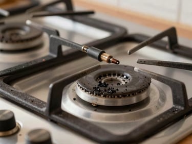 Close-up of a gas oven burner igniter and grate in a home kitchen, warm natural light, carbon residue visible around the igniter tip