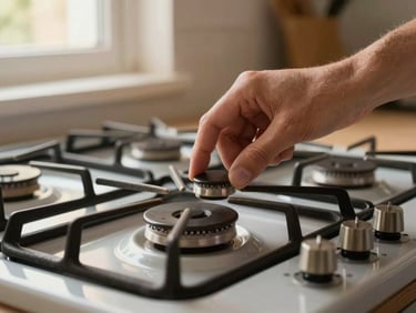 Close-up of hands adjusting a stove burner cap on a gas range in a home kitchen, warm window light from the left, focus on the burner grate and fingers