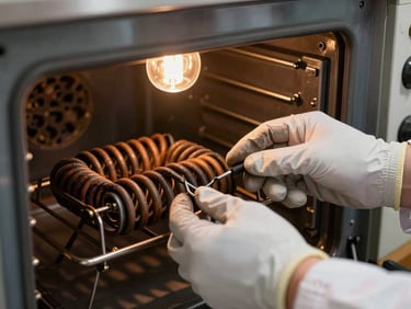 Technician's hands inspecting a burned oven heating element inside an open oven cavity, tungsten kitchen light, tight on the scorched coil and gloved hands