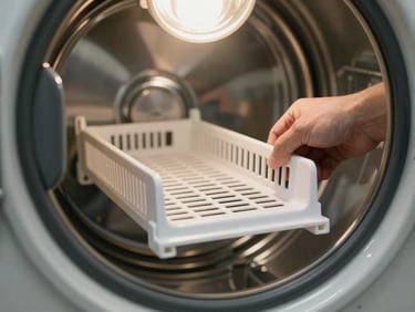 Close-up of a dryer lint trap being pulled out by a technician's hand in a laundry room, warm tungsten overhead light, focus on the trap and surrounding cavity