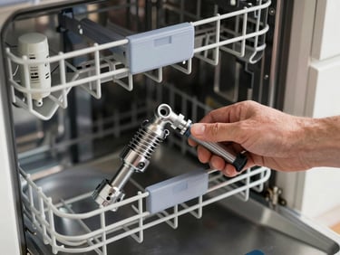 Technician's hand pulling out a dishwasher spray arm inside an open dishwasher in a kitchen, overhead tungsten light, focus on the spray arm and the interior rack