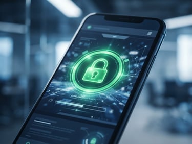 A close-up shot of a smartphone displaying a secure portal with a green padlock icon, bright cool studio lighting with blue and white tones, sharp focus on the screen, 50mm lens