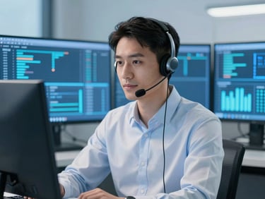 Professional customer support agent, friendly but serious, looking at a screen with abstract data streams, cool blue light.