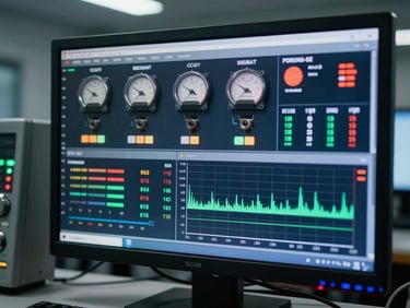SCADA dashboard displayed on a control room monitor — live energy metering data, alarm status indicators and trend graphs visible on screen, cool ambient lighting, no glare obscuring readings