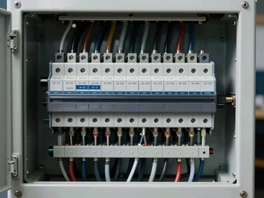 Close-up straight-on view of an open electrical panel interior, visible busbars, labeled terminals and relay cards under cool studio lighting, no people