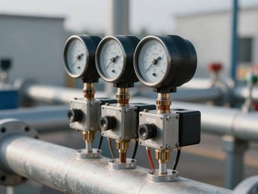 Close-up of an instrumentation sensor array mounted on a process pipe — thermocouple heads, transmitter housings and cable glands visible under cold north-facing daylight, labels legible, industrial environment in background