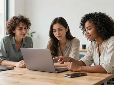 Panoramic environmental frame, three women of varied ages and ethnicities gathered around a laptop in a well-lit modern workspace, one pointing at the screen, hands and devices in focus, bright even studio lighting, wide shot showing full table context, no posed smiles