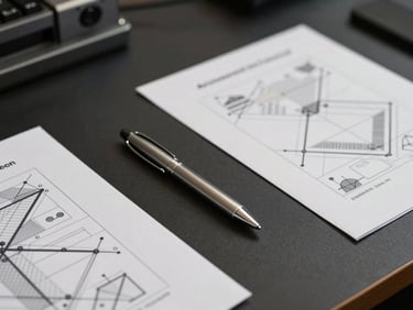Precise close-up of a structured tactical consulting workspace, matte black desk surface with geometric printed scenario documents and a single steel pen placed perpendicular, clean cool overhead light, no people, disciplined and exact